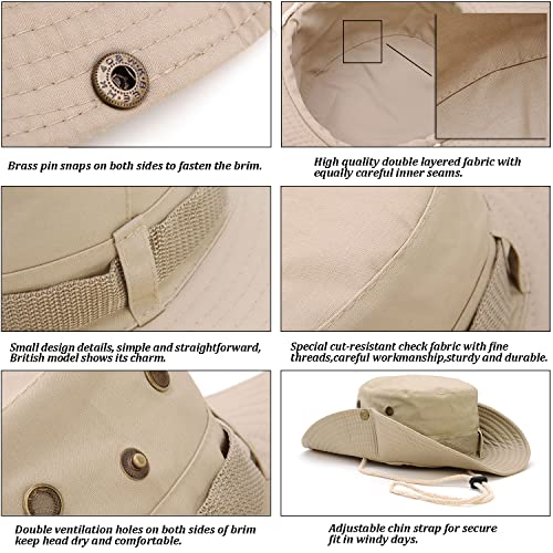 Favuit Sun Hats Safari Hat UV Protection Wide Brim Summer Hat Cotton Foldable Fishing Hiking Cap Breathable Cowboy Style Boonie Hat for Men Women Outdoor (Beige)