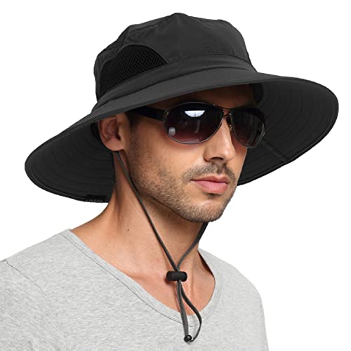 EINSKEY Unisex Sun Hat, Waterproof Wide Brim Bucket Hat Packable Boonie Hat for Fishing Hiking Gardening Safari Beach Black