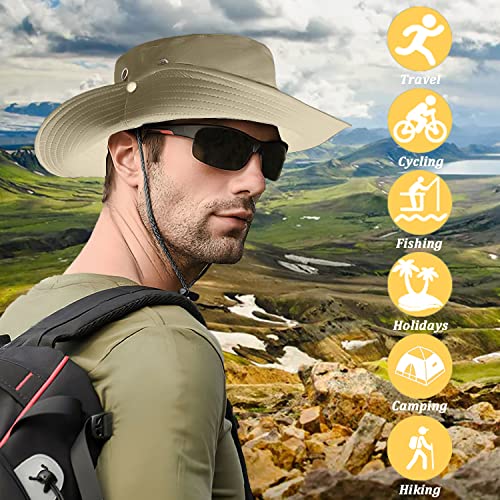 Favuit Sun Hats Safari Hat UV Protection Wide Brim Summer Hat Cotton Foldable Fishing Hiking Cap Breathable Cowboy Style Boonie Hat for Men Women Outdoor (Beige)