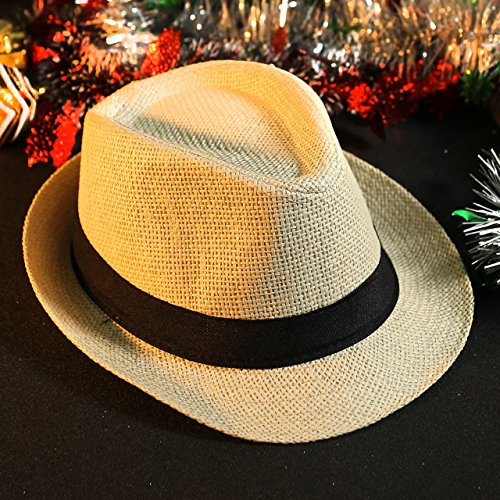 Faletony Unisex Fedora Hat Trilby Straw Hats Summer Panama Beach Sun Cap,Beige