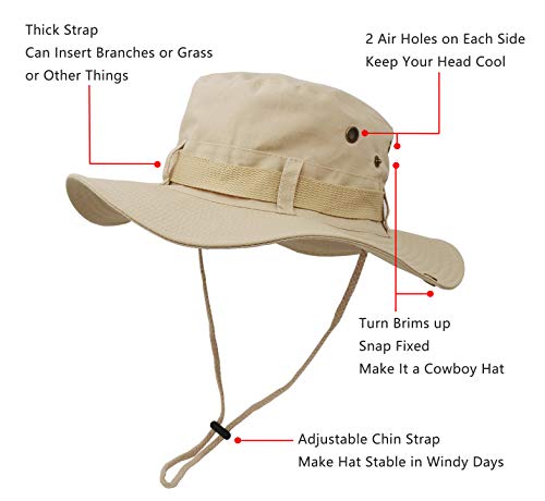 Boonie  Hat, Outdoor Wide Brim Sun Protect Hat, Double Layer Classic US Combat Army Style Bush Jungle Sun Cap for Fishing Hunting Camping Khaki