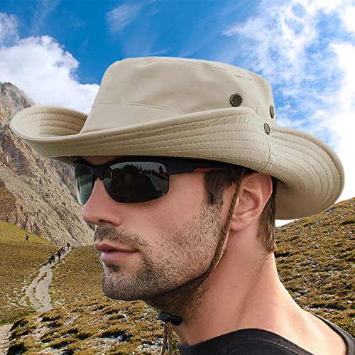 Favuit Sun Hats Safari Hat UV Protection Wide Brim Summer Hat Cotton Foldable Fishing Hiking Cap Breathable Cowboy Style Boonie Hat for Men Women Outdoor (Beige)