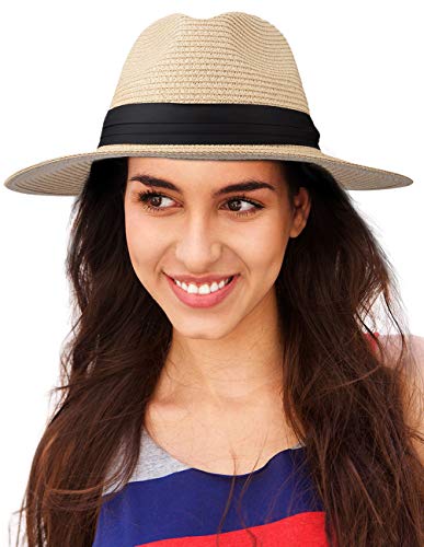 Maylisacc Wide Brim Panama Hat Sun Hats Unisex Straw Summer Hat for Women Men Beige SZ
