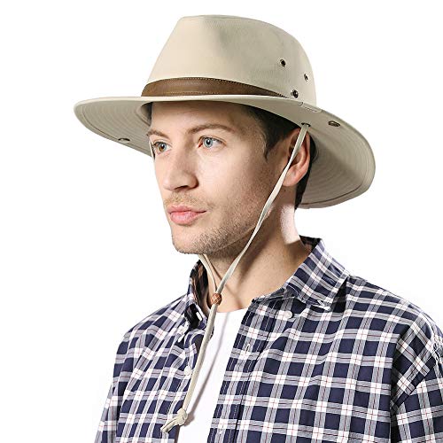 Comhats UPF 50 Cotton Safari Fedora Aussie Hat Men, Womens UV Protection Sun Hat for Fishing Hiking Walking, Summer Bush Hat, Wide Brim Travel Adventurer Hat, Beige White L