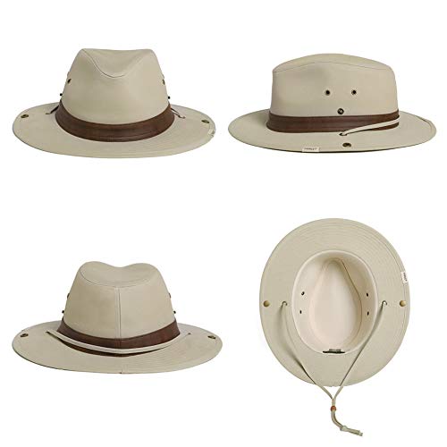Comhats UPF 50 Cotton Safari Fedora Aussie Hat Men, Womens UV Protection Sun Hat for Fishing Hiking Walking, Summer Bush Hat, Wide Brim Travel Adventurer Hat, Beige White L