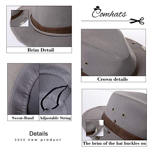 Comhats UPF 50 Cotton Safari Fedora Aussie Hat Men, Womens UV Protection Sun Hat for Fishing Hiking Walking, Summer Bush Hat, Wide Brim Travel Adventurer Hat, Beige White L