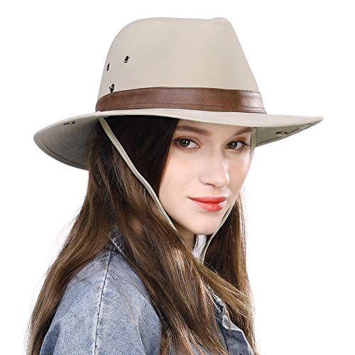 Comhats UPF 50 Cotton Safari Fedora Aussie Hat Men, Womens UV Protection Sun Hat for Fishing Hiking Walking, Summer Bush Hat, Wide Brim Travel Adventurer Hat, Beige White L