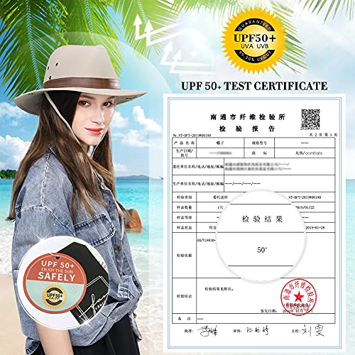Comhats UPF 50 Cotton Safari Fedora Aussie Hat Men, Womens UV Protection Sun Hat for Fishing Hiking Walking, Summer Bush Hat, Wide Brim Travel Adventurer Hat, Beige White L