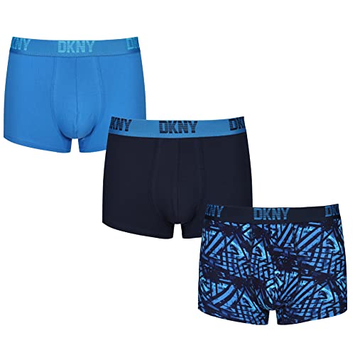 DKNY Mens Cotton Boxers in Blue/Navy/Patterned with Super Soft Brushed Nylon Waistband | Stretchable & Comfortable - Multipack of 3