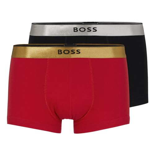 BOSS Mens Trunks 2 Pack Silver and Gold Waistband Black/Red L
