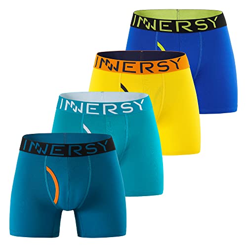 INNERSY Mens Underpants Cotton Boxers Shorts Long Leg Trunks with Fly Underwear Multipack 4 (L, Blue/Green/Lake Blue/Yellow)