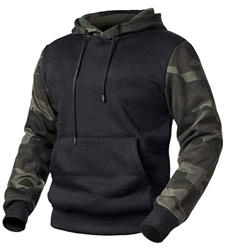 MANLUODANNI Men's Pullover Hoodies Hooded Sweatshirt Camo Patchwork Top Casual Hoody with Kanga Pocket Black M