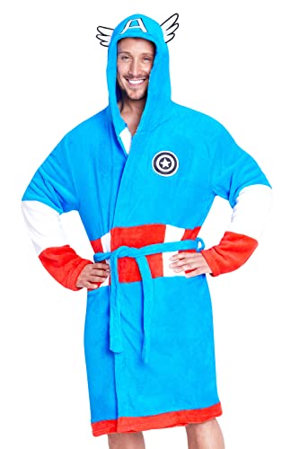 Marvel Mens Dressing Gowns with Hood, Super Soft Fleece Bathrobe Fluffy Dressing Gown Teenagers (3XL, Blue Captain America)