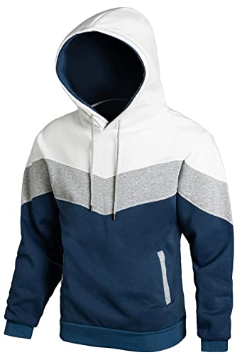 Furpazven Mens Hoodie Pullover Sweatshirt UK Long Sleeve Fleece Color Block Patchwork Hoodies with Pocket White Grey Blue XL