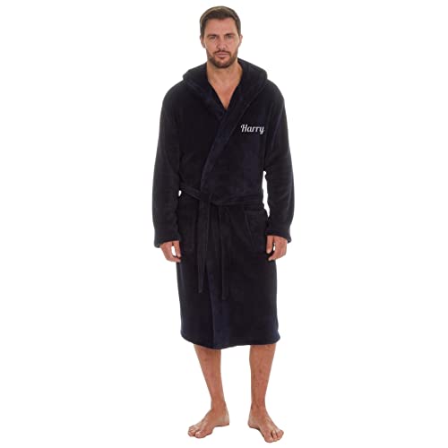 Style It Up Personalised Mens Coral Fleece Dressing Gown Warm Hooded Lounge Robe M-5XL (Navy, XL)