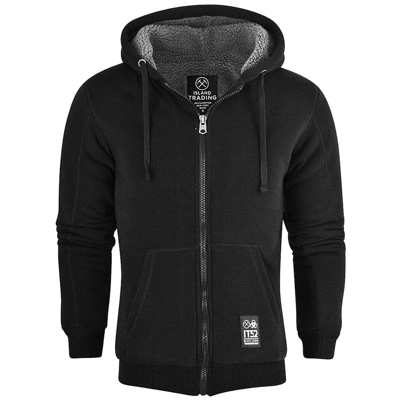 Island Trading Mens Cotton Padded Borg Fleece Sherpa Lined Full Zip Up Hoodie Sweatshirt Jacket Large Black