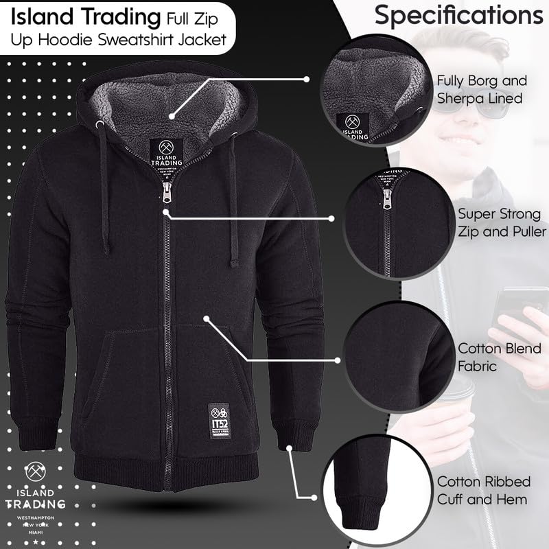 Island Trading Mens Cotton Padded Borg Fleece Sherpa Lined Full Zip Up Hoodie Sweatshirt Jacket Large Black