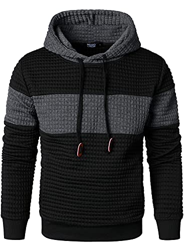 HOOD CREW Men’s Sweatshirts Long Sleeve Pullover Patchwork Plaid Jacquard Hoodie Casual Drawstring Hoody Top Black M