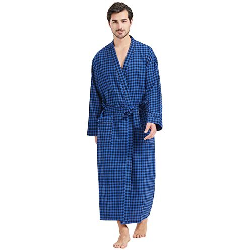 FashGudim Mens Buffalo Plaid 100% Cotton Flannel Shawl Collar Robe Lightweight Full Length Bathrobe Sleepwear Loungewear House Robes（Black/Blue, 6XL）