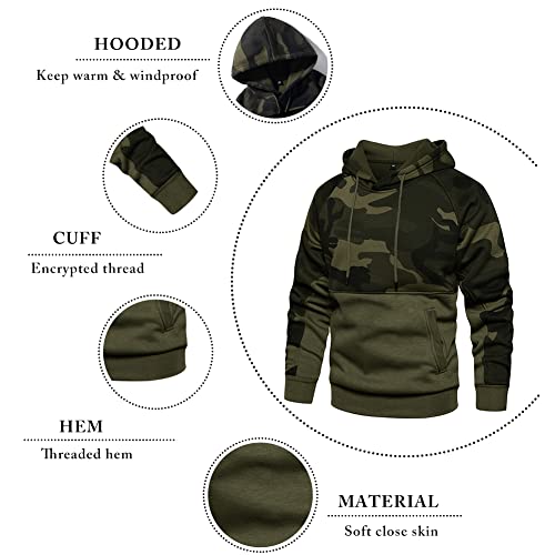 AOTORR Mens Hoodies Pullover Camo Hooded Sweatshirt Patchwork Top Long Sleeve Hoody Casual Tops with Pockets WY42 Army Green M