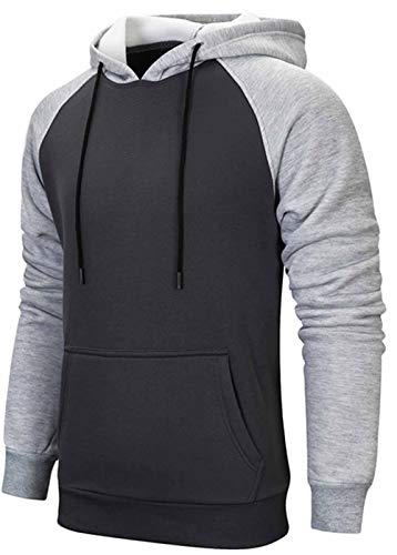 comefohome Mens Hoodie Pullover Sweatshirts Patchwork with Kanga Pocket Casual Tops Hoody Dark Grey S