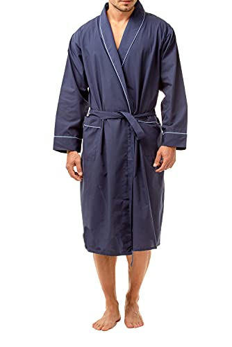 INSIGNIA Mens Plain Woven Summer Cotton Poly Kimono Wrap Dressing Gown Robe (Medium, Navy)