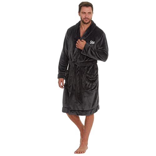 Style It Up Personalised Mens Dressing Gown Long Sleeve Hooded Bath Robe Warm Snuggle Fleece (Plain, Grey, One Size)