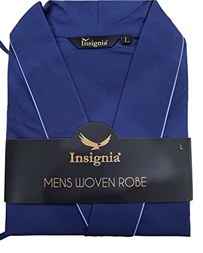 INSIGNIA Mens Plain Woven Summer Cotton Poly Kimono Wrap Dressing Gown Robe (Medium, Navy)