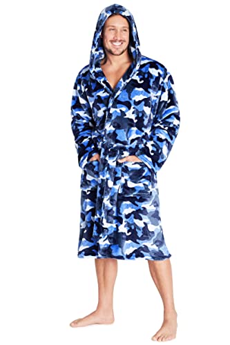 CityComfort Dressing Gown For Men, Fluffy Fleece Mens Dressing Gowns With Camouflage Print, Super Soft Comfy Robe With Hood, Gifts For Men Teenage Boys (L, Blue)