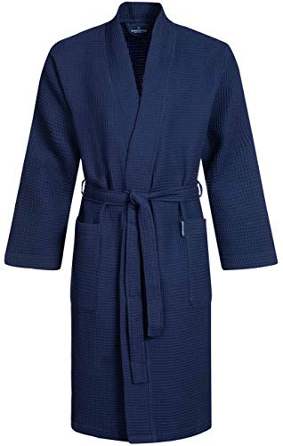 Morgenstern Dressing Gown Men Waffle 100% Cotton Lightweight Kimono Bathrobe Navy Blue L