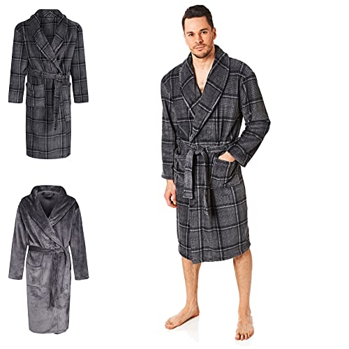 Light & Shade Portfolio Mens Supersoft Check Pattern Lightweight Spring Summer Fleece Dressing Gown Bath Robe, Charcoal, Small/Medium