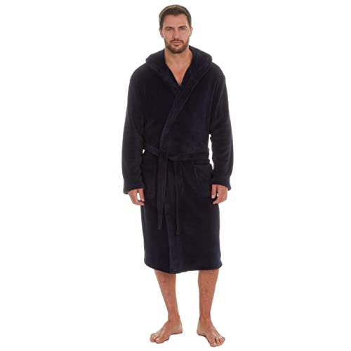 Style It Up Mens Coral Fleece Dressing Gown Warm Soft Cosy Hooded Luxury Lounge Robe M-5XL (Navy, 3XL)