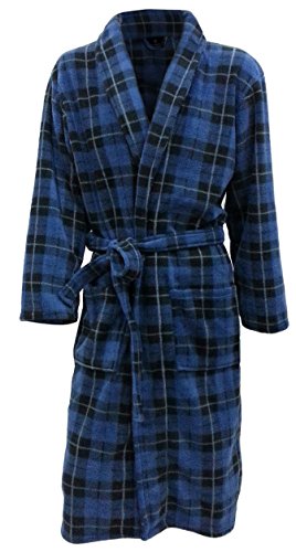 John Christian Men's Warm Fleece Dressing Gown - Highland, Blue Tartan, XL