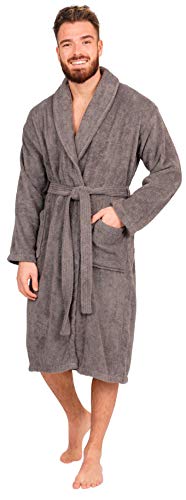Adore Home Mens 100% Cotton Bathrobe Terry Towelling Shawl Collar Bath Robe Dressing Gown, Slate, XXL