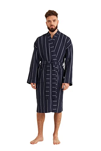 Cotton Trend Mens Navy Blue Stripe Waffle Dressing Gown 100% Turkish Cotton Lightweight Robe With Kimono Collar Bathrobe Luxury Soft Hotel Quality Knee Length Robe Loungewear M