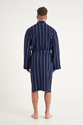 Cotton Trend Mens Navy Blue Stripe Waffle Dressing Gown 100% Turkish Cotton Lightweight Robe With Kimono Collar Bathrobe Luxury Soft Hotel Quality Knee Length Robe Loungewear M