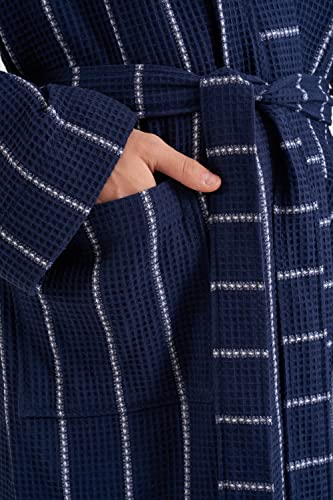 Cotton Trend Mens Navy Blue Stripe Waffle Dressing Gown 100% Turkish Cotton Lightweight Robe With Kimono Collar Bathrobe Luxury Soft Hotel Quality Knee Length Robe Loungewear M