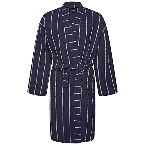 Cotton Trend Mens Navy Blue Stripe Waffle Dressing Gown 100% Turkish Cotton Lightweight Robe With Kimono Collar Bathrobe Luxury Soft Hotel Quality Knee Length Robe Loungewear M