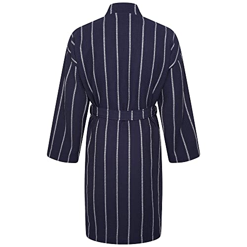 Cotton Trend Mens Navy Blue Stripe Waffle Dressing Gown 100% Turkish Cotton Lightweight Robe With Kimono Collar Bathrobe Luxury Soft Hotel Quality Knee Length Robe Loungewear M