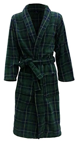 John Christian Men's Warm Fleece Dressing Gown , Green/Navy Tartan;Green;Blue, XL