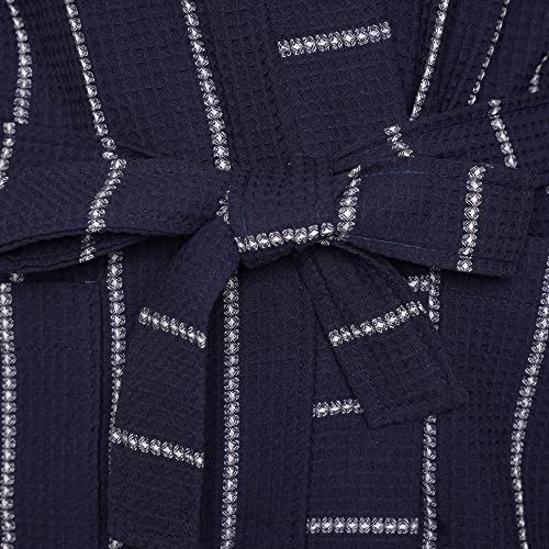 Cotton Trend Mens Navy Blue Stripe Waffle Dressing Gown 100% Turkish Cotton Lightweight Robe With Kimono Collar Bathrobe Luxury Soft Hotel Quality Knee Length Robe Loungewear M