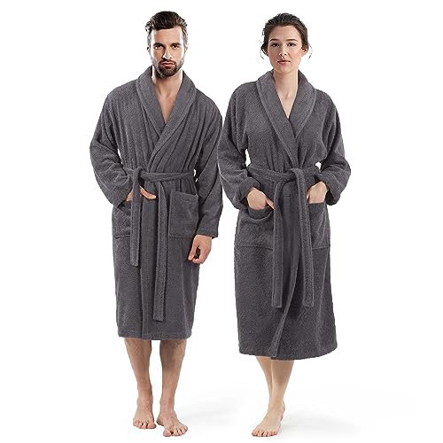 WEAVE ESSENTIALS - Bathrobe for men and women | Robe with shawl collar style made of 100% cotton | Velour | Ideal robe for spa, nightwear, loungewear and as dressing gown | One size | Colour: charcoal