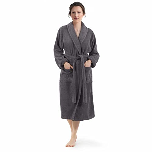 WEAVE ESSENTIALS - Bathrobe for men and women | Robe with shawl collar style made of 100% cotton | Velour | Ideal robe for spa, nightwear, loungewear and as dressing gown | One size | Colour: charcoal
