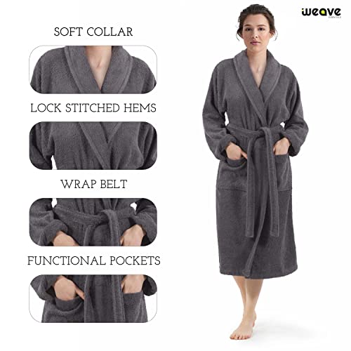 WEAVE ESSENTIALS - Bathrobe for men and women | Robe with shawl collar style made of 100% cotton | Velour | Ideal robe for spa, nightwear, loungewear and as dressing gown | One size | Colour: charcoal