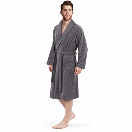 WEAVE ESSENTIALS - Bathrobe for men and women | Robe with shawl collar style made of 100% cotton | Velour | Ideal robe for spa, nightwear, loungewear and as dressing gown | One size | Colour: charcoal