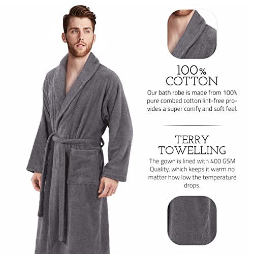 WEAVE ESSENTIALS - Bathrobe for men and women | Robe with shawl collar style made of 100% cotton | Velour | Ideal robe for spa, nightwear, loungewear and as dressing gown | One size | Colour: charcoal