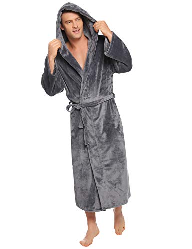 Vlazom Men Dressing Gown, Flannel Soft Bathrobe Cosy Warm Robes Fluffy Hooded Housecoat forWinter Loungewear, A-dark Grey, XXL