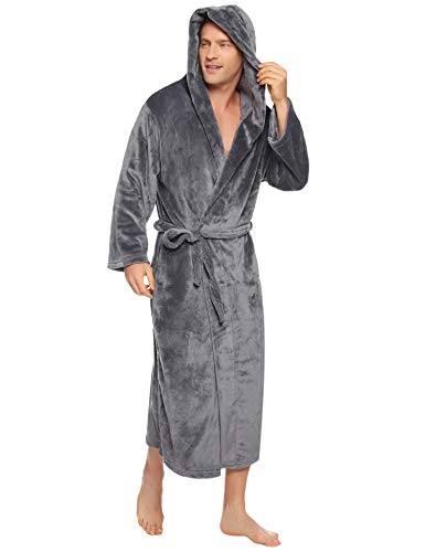 Vlazom Men Dressing Gown, Flannel Soft Bathrobe Cosy Warm Robes Fluffy Hooded Housecoat forWinter Loungewear, A-dark Grey, XXL