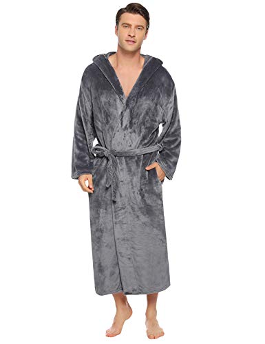 Vlazom Men Dressing Gown, Flannel Soft Bathrobe Cosy Warm Robes Fluffy Hooded Housecoat forWinter Loungewear, A-dark Grey, XXL