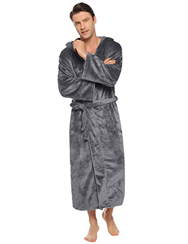 Vlazom Men Dressing Gown, Flannel Soft Bathrobe Cosy Warm Robes Fluffy Hooded Housecoat forWinter Loungewear, A-dark Grey, XXL